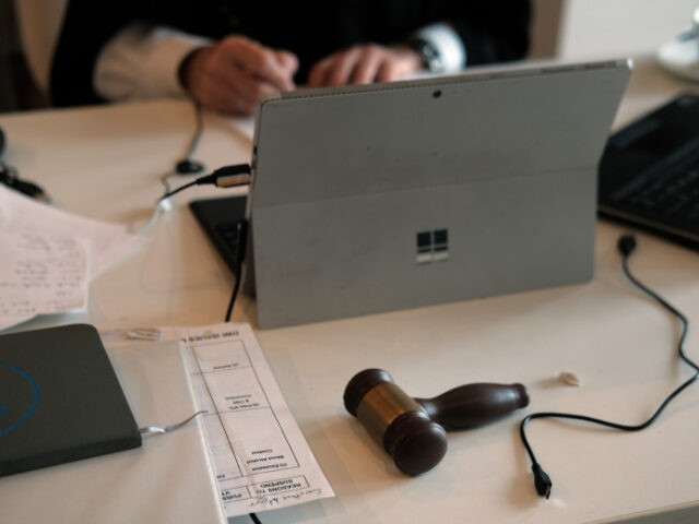 Activist Judges A gavel sits on the table as New York City Criminal Court Judge Paul McDonnell works remot