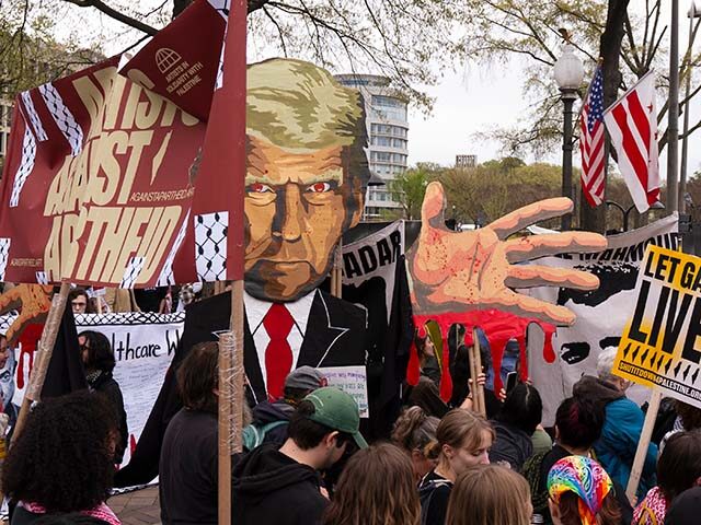 ap25095648730878-640x480-1 Pro-Palestinian protesters carrying a depiction of President Donald Trump gather at a rall