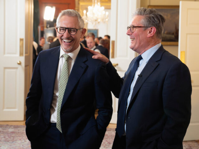 Britain Starmer Britain's Prime Minister Keir Starmer, right, laughs with Gary Lineker during a recep