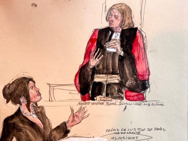 court art This court sketch made on May 13, 2025 in Paris shows US celebrity Kim Kardashian (L), nex