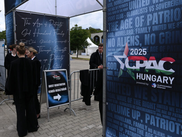 CPAC 2025 Hungary An image shot from outside shows the VIP entrance to the building of the Budapest Congress
