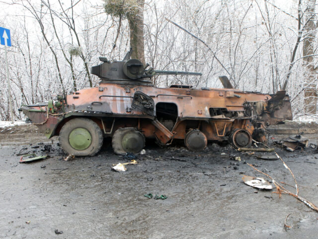 Consequences of hostilities in Kharkiv KHARKIV, UKRAINE - FEBRUARY 26, 2022 - A damaged military vehicle is pictured on the outsk