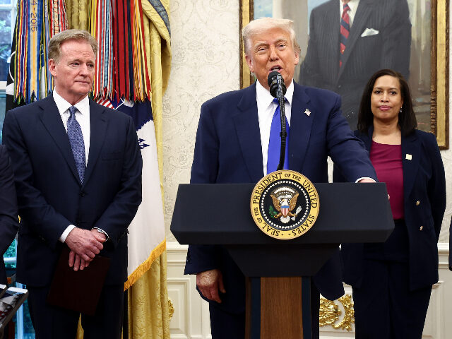 Donald Trump, flanked by Roger Goodell and Miriam Bowser JJosh Harris, co-founder of Apollo Global Management Inc. and co-owner of the NFL's W