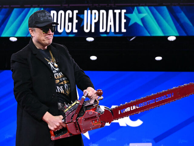 Elon Musk holds a chainsaw reading "Long live freedom, damn it" during the annua