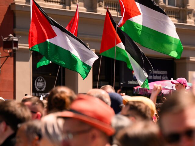eurovisioon perotest BASEL, SWITZERLAND - MAY 11: Protestors wave Palestinian flags during a demonstration agai