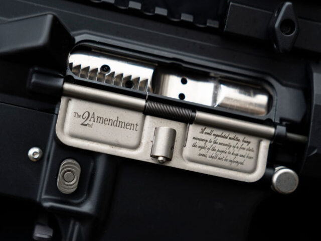 GettyImages-1928403885 RICHMOND, VA - JANUARY 15: A an AR-15 rifle variant with a dust cover engraved with the 2n