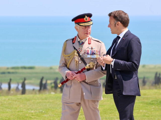 King Charles III And Queen Camilla Attend The UK D-Day80 National Commemorative Event In Normandy VER-SUR-MER, FRANCE - JUNE 06: King Charles III and President of France, Emmanuel Macron a