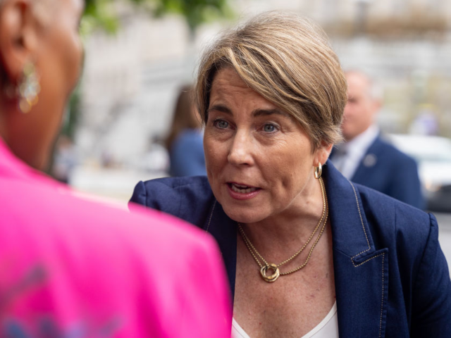 GettyImages-2172092306 Governor Maura Healey (D-MA) speaks to a Harris-Walz supporter at the Pennsylvania State C