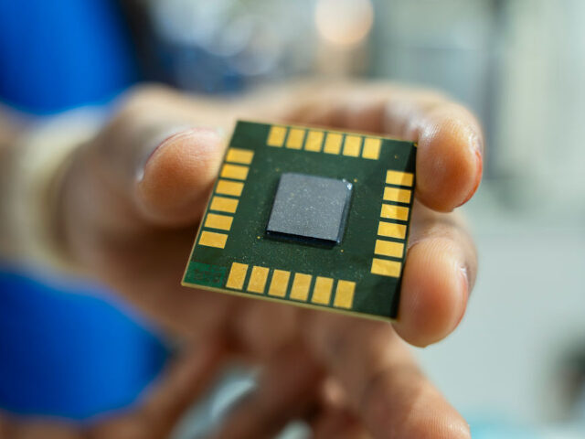 GettyImages-2201335202 A person displays a computer chip in a stall during The Advantage Assam 2.0 Investment Sum