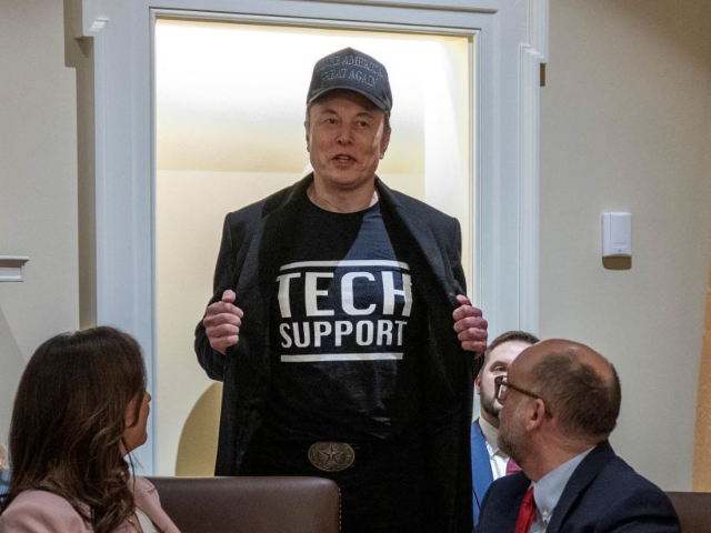 GettyImages-2201505740 eader of the Department of Government Efficiency Elon Musk wears a shirt that says "Tech S