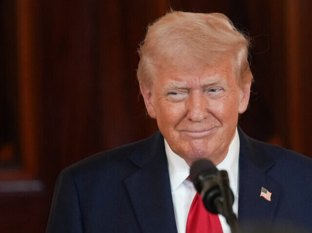 President Trump Delivers Remarks From The White House On Investing In America WASHINGTON, DC - APRIL 30: U.S. President Donald Trump speaks in the Cross Hall of the Whi