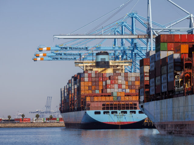 Port of LA in Los Angeles, CA LOS ANGELES, CA - MAY 9, 202: Container ships are among the few unloaded and loaded at th