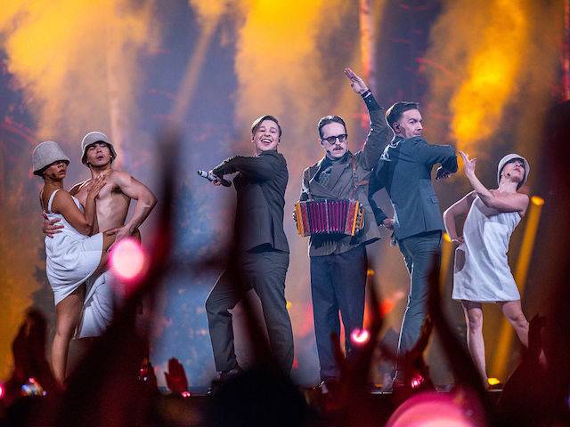 Eurovision Song Contest - First rehearsal for 1st semi-final 12 May 2025, Switzerland, Basel: KAJ from Sweden with the song "Bara Bada Bastu" on the st