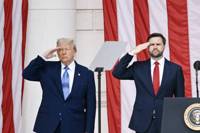 US-POLITICS-TRUMP-MEMORIAL DAY US President Donald Trump and US Vice President JD Vance salute at the National Memorial D