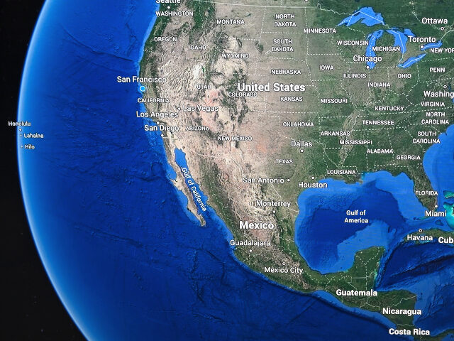 Gulf of America on Google Earth MOUNTAIN VIEW, CALIFORNIA - FEBRUARY 12: A giant monitor displays Google Earth that shows