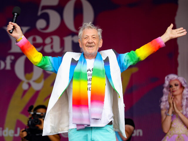 IanMcKellen LONDON, ENGLAND - JULY 06: Sir Ian McKellen on stage during Pride in London 2019 at Trafal