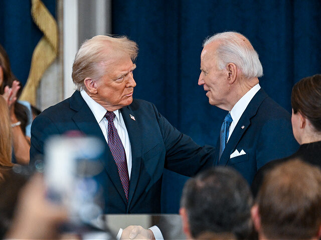 Jan20-2025-Donald-Trump-Joe-Biden-file-gettyimages WASHINGTON, DC - JANUARY 20: U.S. President-elect Donald Trump shakes hands with U.S. Pres