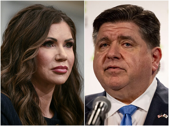 kristi-noem-jb-pritzker-split-april-may-2025-getty Department of Homeland Security (DHS) Secretary Kristi Noem / Democrat Illinois Gov. J.B.