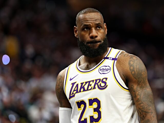 LeBron James MINNEAPOLIS, MINNESOTA - APRIL 27: LeBron James #23 of the Los Angeles Lakers looks on aga