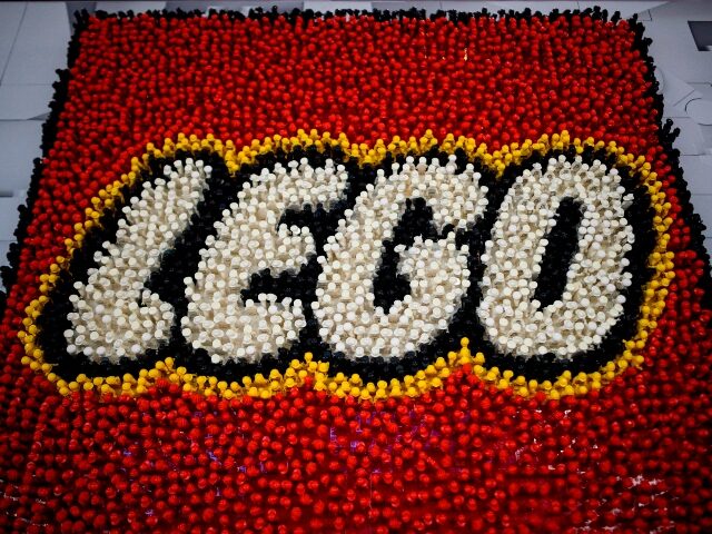 A Lego logo is pictured during the annual New York Toy Fair, at the Jacob K. Javits Conven