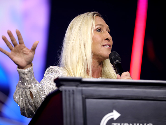 53809047703 U.S. Congresswoman Marjorie Taylor Greene speaking with attendees at The People's Convention at Huntington Place in Detroit, Michigan. on June 15, 2024. (Gage Skidmore/Flickr)