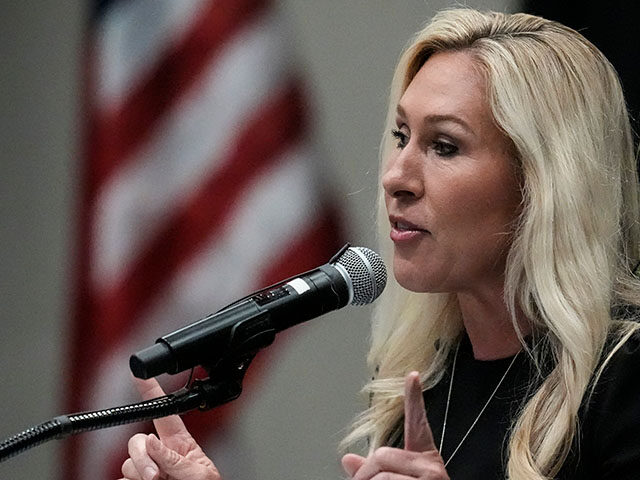 ap25106002781619-640x480-1 Rep. Marjorie Taylor Greene, R-Ga., speaks during a town-hall style meeting, Tuesday, Apri