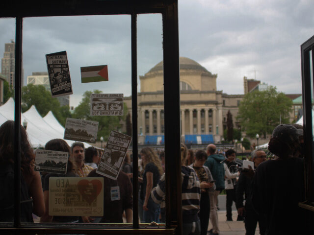 Columbia University Protesters have put stickers on the doors of Butler Library at Columbia University on May