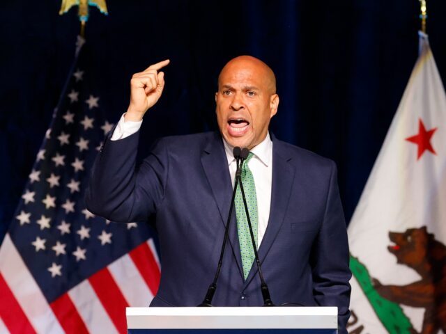 cory booker salute Los Angeles, CA - May 31: Democratic Sen. Cory Booker speaks at the Calif. Democratic conv
