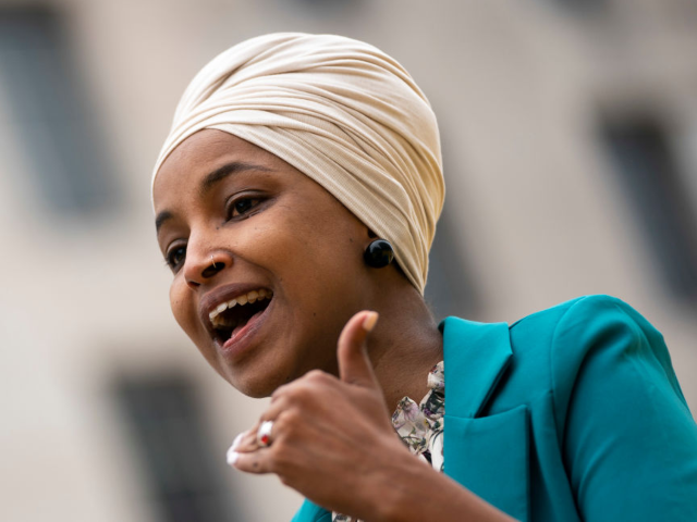 GettyImages-1232201590 WASHINGTON, DC - APRIL 9: Rep. Ilhan Omar (D-MN) speaks during a press conference at Black