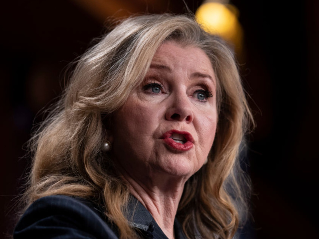 GettyImages-1239815227 WASHINGTON, DC - APRIL 7: Sen. Marsha Blackburn (R-TN) speaks during a news conference abo