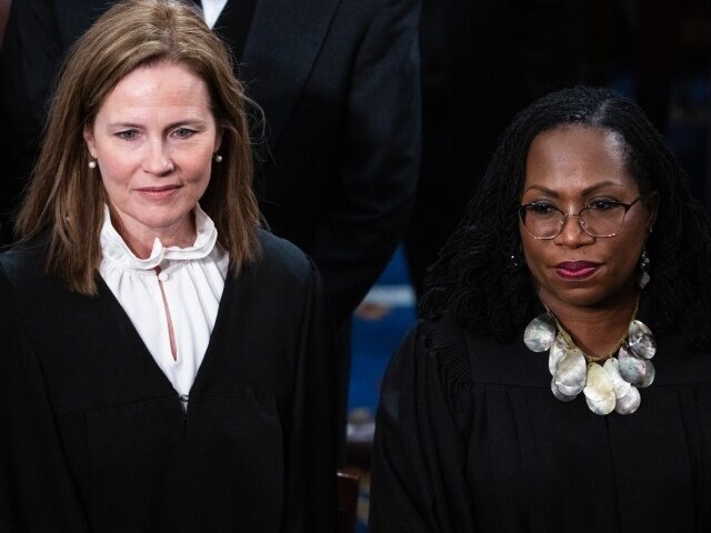 State of the Union 2023 UNITED STATES - FEBRUARY 7: Supreme Court Justices Amy Coney Barrett, left, and Ketanji Br