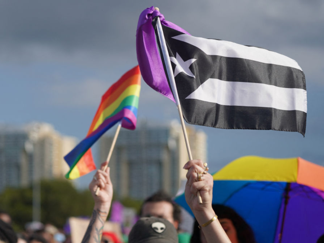 GettyImages-2061699307 A protester holds a rainbow flag and a black and white Puerto Rican 'resistance' flag as t