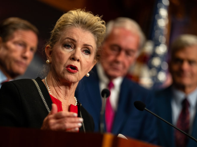 WASHINGTON, DC - JULY 30: U.S. Sen. Marsha Blackburn (R-TN) speaks during a news conferenc