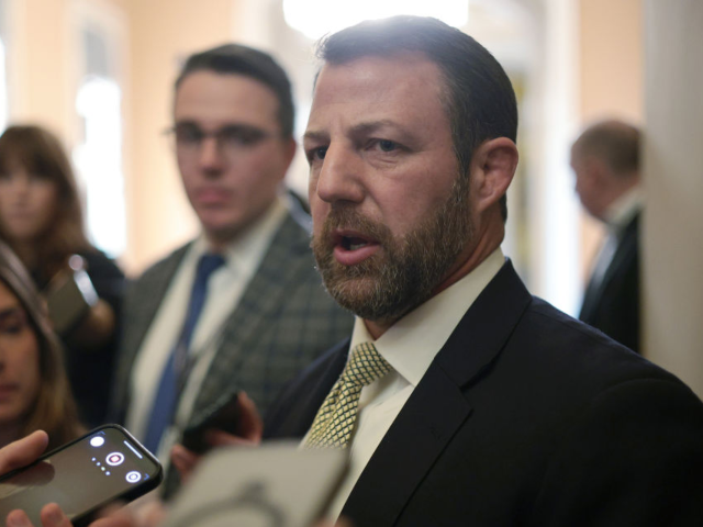 WASHINGTON, DC - FEBRUARY 18: U.S. Sen. Markwayne Mullin (R-OK) speaks to members of the p