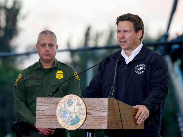 GettyImages-2201552326 Ron DeSantis, governor of Florida, speaks during a news conference on border security at H