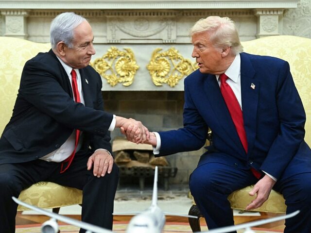 US President Donald Trump shakes hands with Israeli Prime Minister Benjamin Netanyahu duri