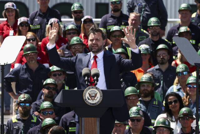 Vice President JD Vance Tours Nucor Steel Berkeley In South Carolina HUGER, SOUTH CAROLINA - MAY 1: U.S. Vice President JD Vance speaks as he visits Nucor Stee
