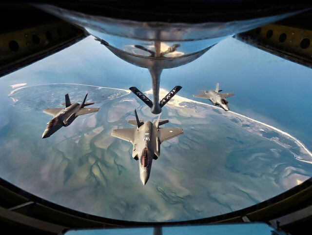 F-35 fighter jets of the Royal Netherlands Air Force in NETHERLANDS - 2025/04/28: F-35 fighter jets of the Royal Netherlands Air Force in formatio