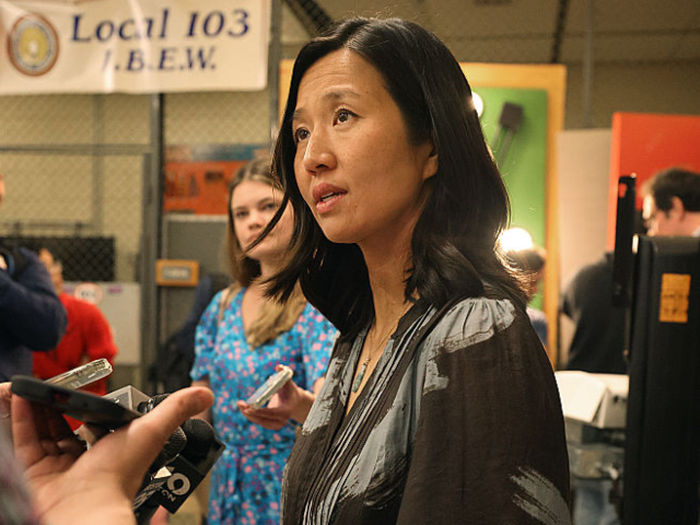 GettyImages-2214412100 Boston, MA - May 13: Boston Mayor Michelle Wu answers a question from a Boston Globe repor