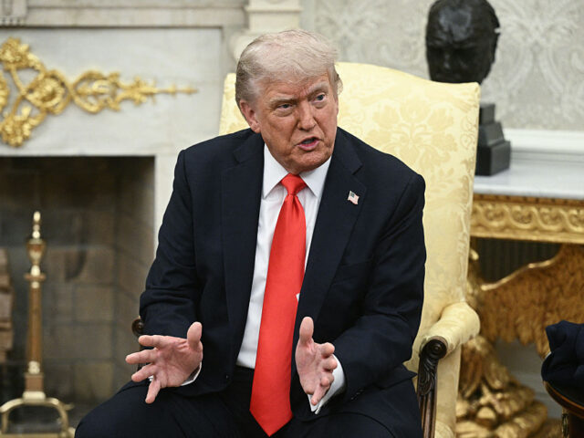 US President Donald Trump speaks during a meeting with German Chancellor Friedrich Merz in