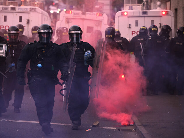 Police Respond To Third Night Of Unrest In Ballymena BALLYMENA, NORTHERN IRELAND - JUNE 11: PSNI officers in riot gear respond to a third night