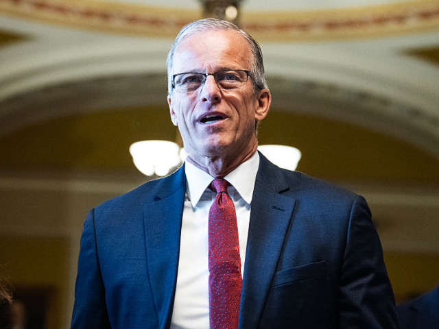 GettyImages-2221215920 UNITED STATES - JUNE 24: Senate Majority Leader John Thune, R-S.D., is seen after the Sena
