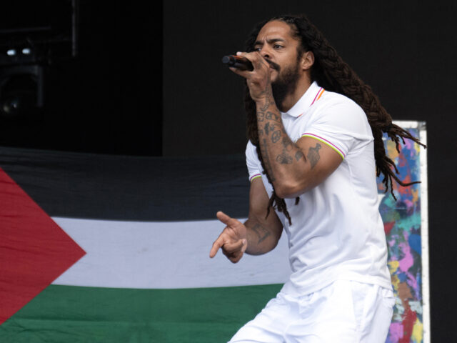 gettyimages-2221936150-1-640x480-1 To the backdrop of a Palestinian flag, Bobby Vylan of British duo Bob Vylan performs on th