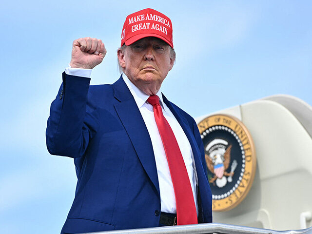 gettyimages2220598276-640x480-1 US President Donald Trump pumps his fist as he boards Air Force One at Morristown Municipa