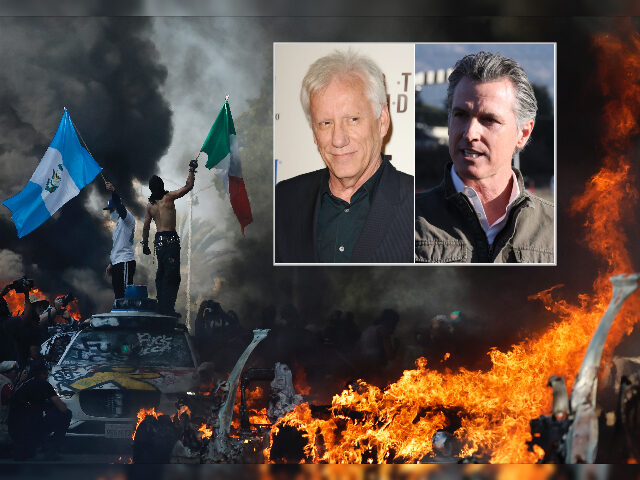 jameswoodsnewsom LOS ANGELES, CALIFORNIA - JUNE 08: Protestors wave flags as burning and vandalized Waymo c