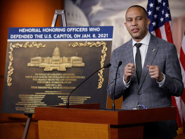 January 6 plaque Hakeem Jeffries House Minority Leader Hakeem Jeffries (D-NY) talks to reporters during his weekly news con