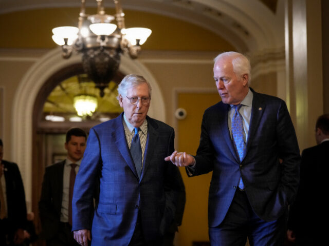 John Cornyn and Mitch McConnell L-R) Senate Minority Leader Mitch McConnell (R-KY) walks with Sen. John Cornyn (R-TX) as t