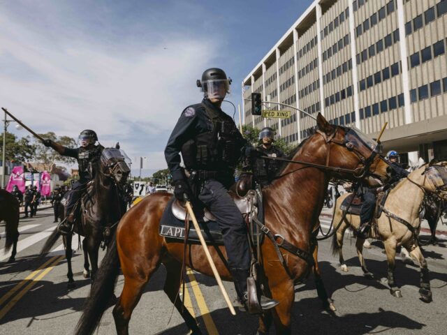 LAPD mounted (DAVID PASHAEE/Middle East Images/AFP via Getty) A mounted police officer grips a baton while patrolling the protest area in Los Angeles, C