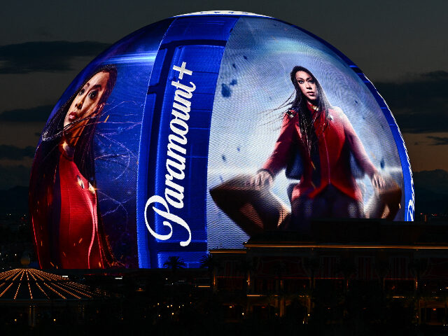paramount The Paramount Global Paramount+ streaming service logo is displayed on the Sphere arena in