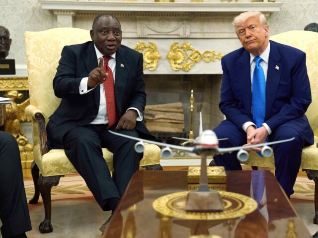 Ramaphosa explains (Evan Vucci / Associated Press) President Donald Trump meets South Africa's President Cyril Ramaphosa in the Oval Off